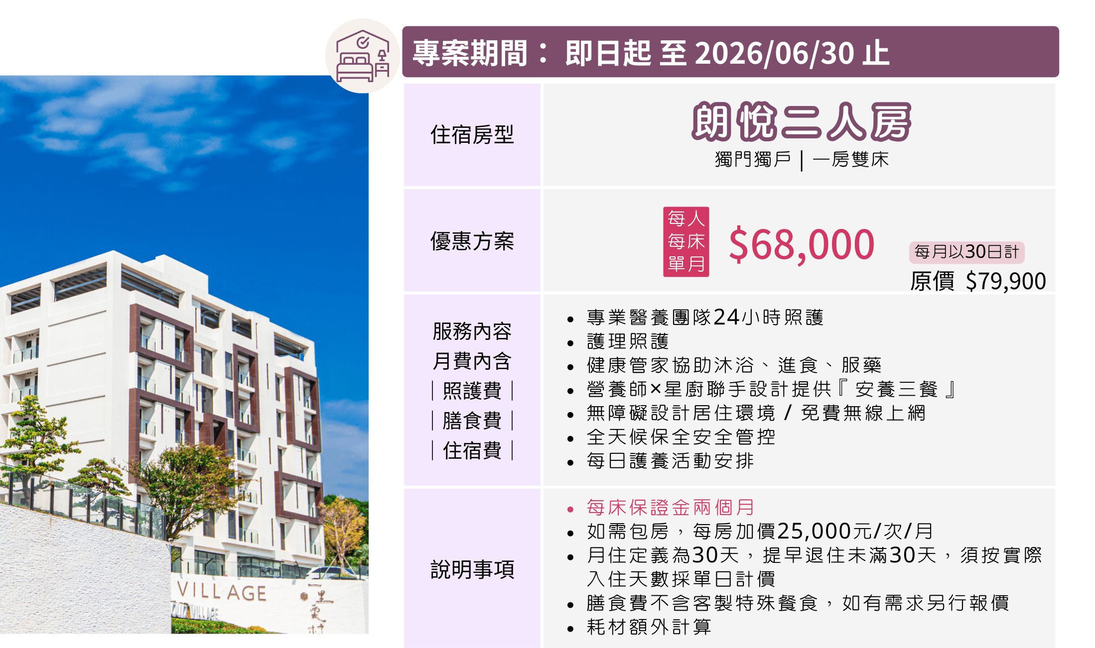 雲村住宿長照機構 長期住宿收費-月費 