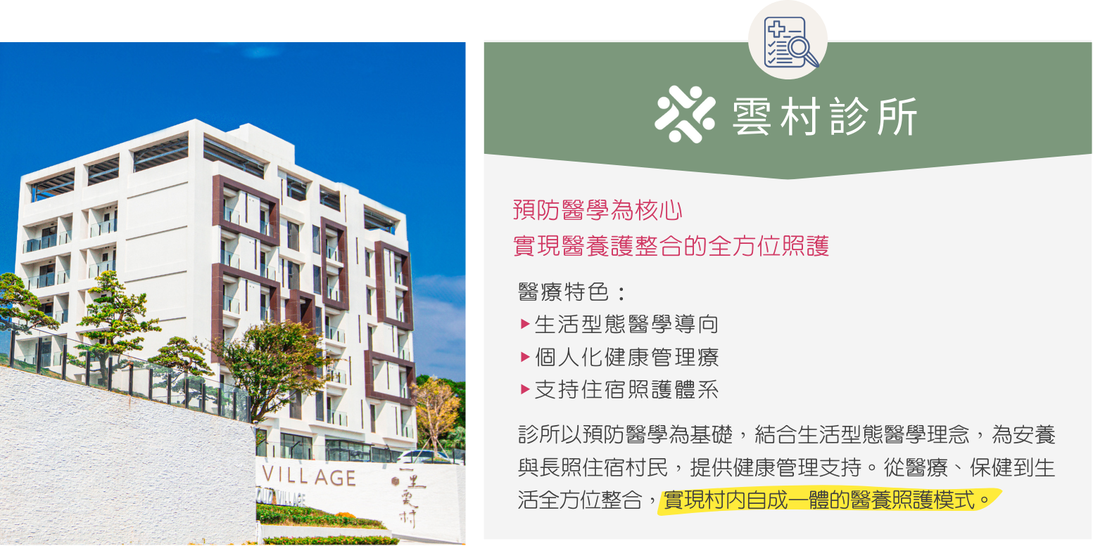 雲村診所以預防醫學為基礎，結合生活型態醫學理念，為安養與長照住宿村民，提供健康管理支持。從醫療、保健到生活全方位整合，實現村內自成一體的醫養照護模式。